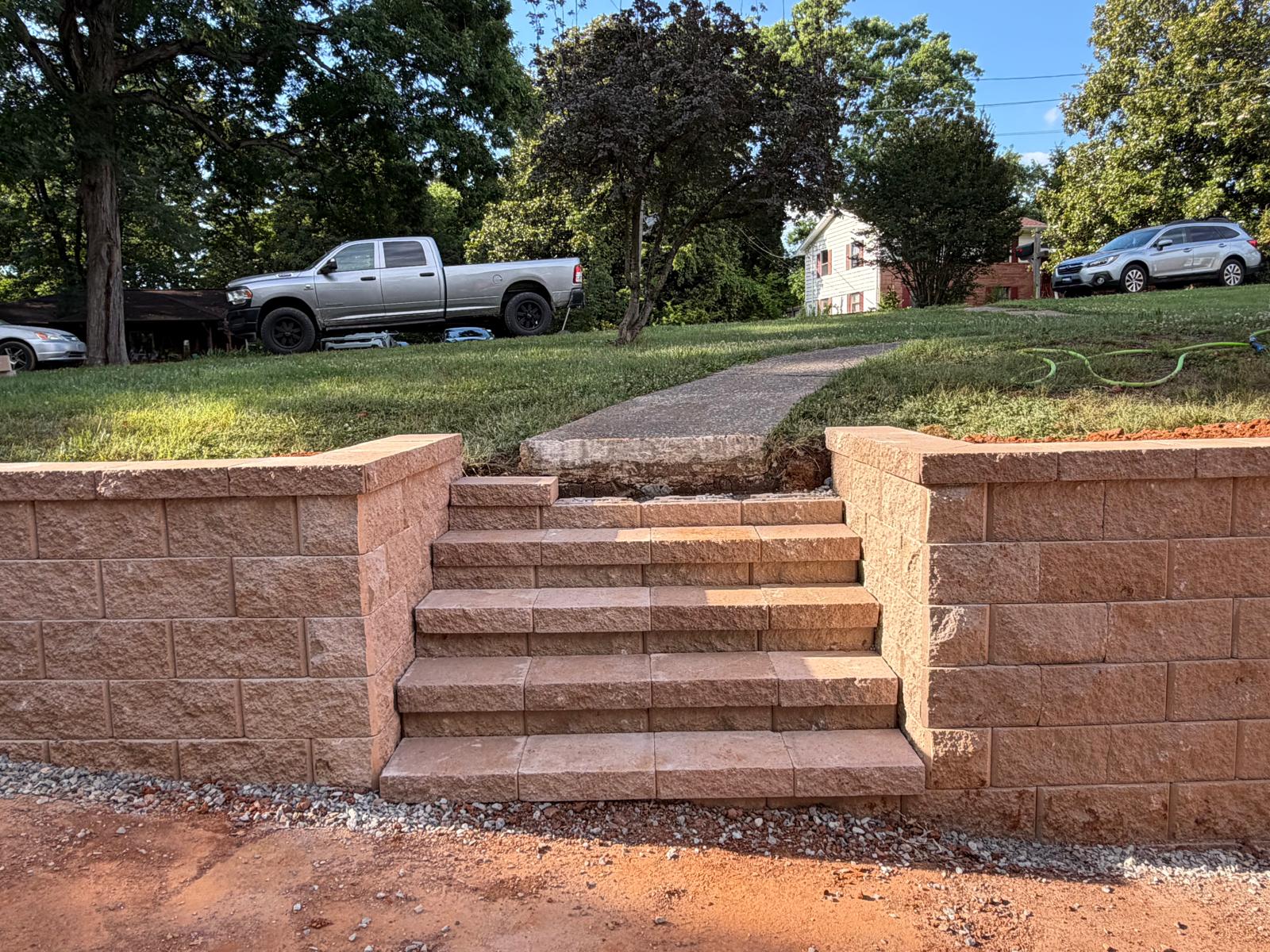 Tan block wall with center steps