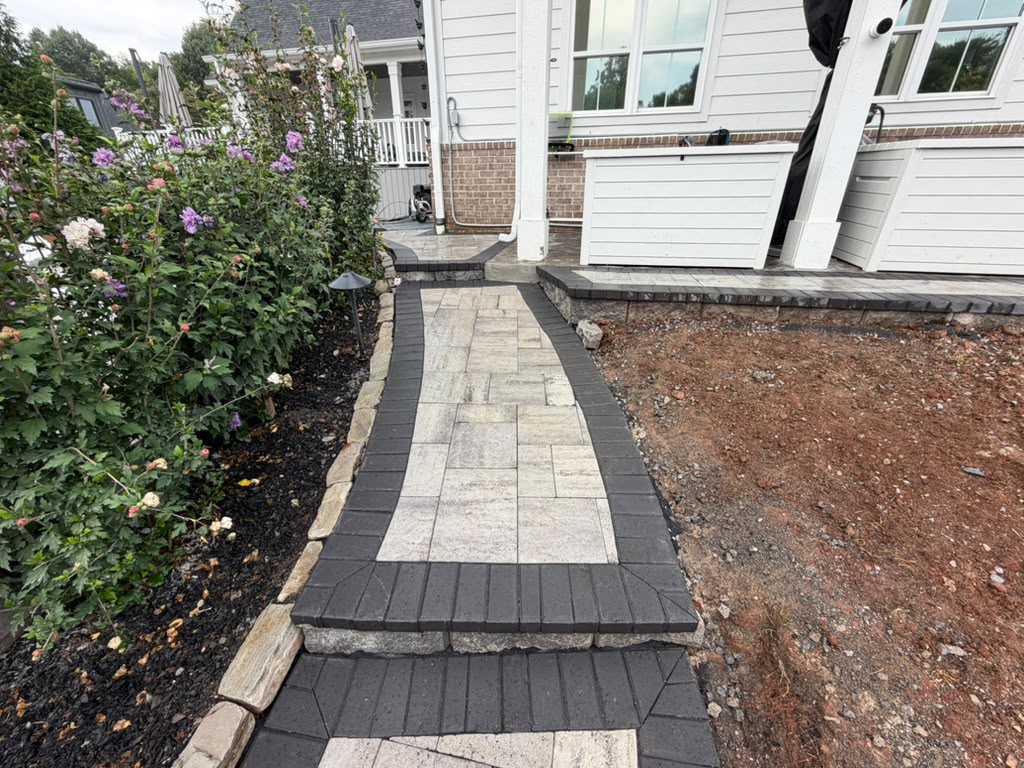 Curved paver walkway with charcoal border